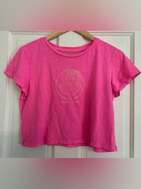 Aerie Smiley Face Hot Pink Crop Top T-Shirt Size Large